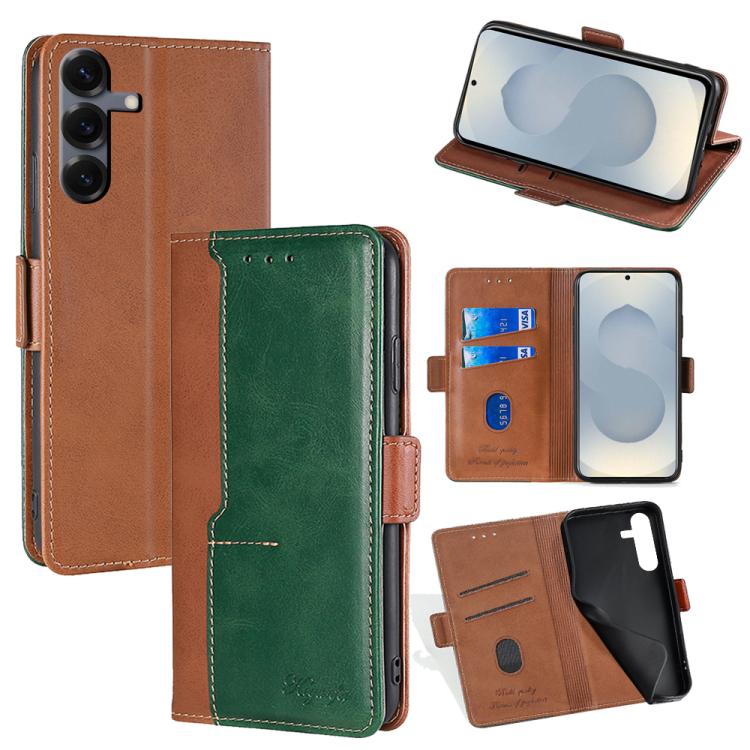 Funda de cuero con hebilla lateral en color de contraste para Samsung Galaxy S25 5G (marrón claro y verde)