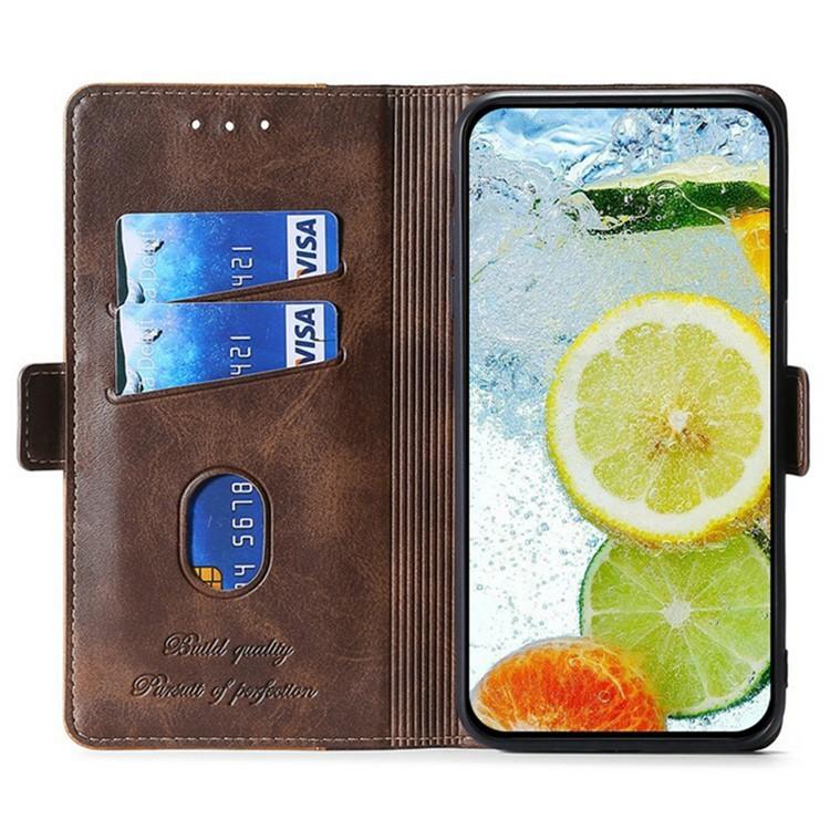 Funda de cuero con hebilla lateral en color de contraste para Samsung Galaxy S25 5G (marrón claro y verde)
