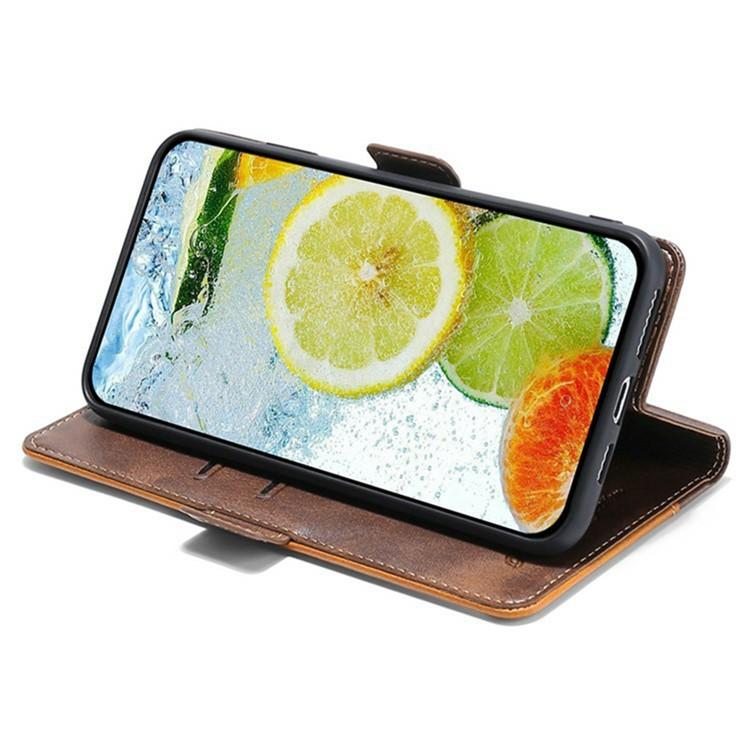 Funda de cuero con hebilla lateral en color de contraste para Samsung Galaxy S25 5G (marrón claro y verde)