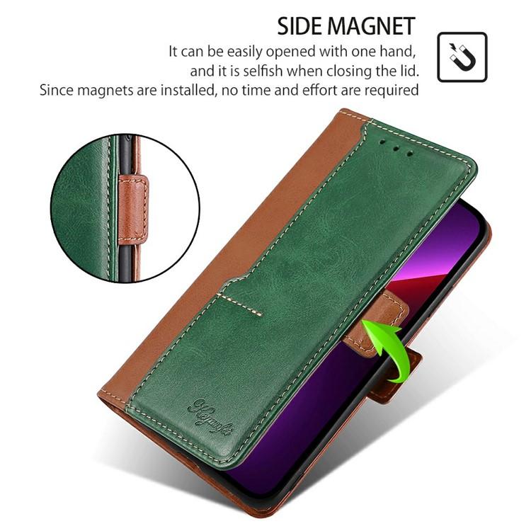 Funda de cuero con hebilla lateral en color de contraste para Samsung Galaxy S25 5G (marrón claro y verde)