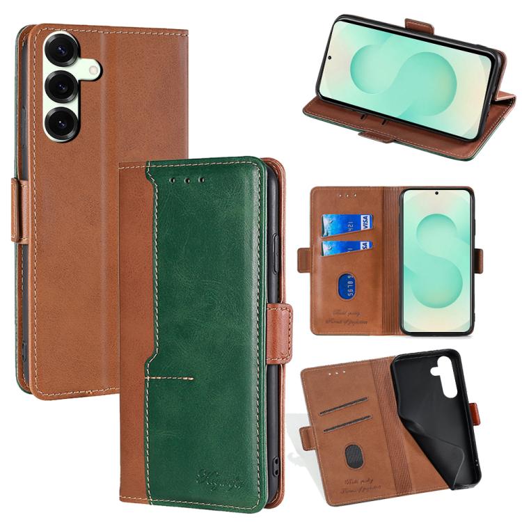 Funda de cuero con hebilla lateral en color de contraste para Samsung Galaxy S25+ 5G (marrón claro y verde)