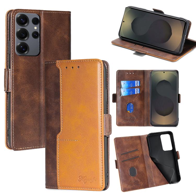 Funda de cuero con hebilla lateral en color de contraste para Samsung Galaxy S25 Ultra 5G (marrón oscuro y dorado)