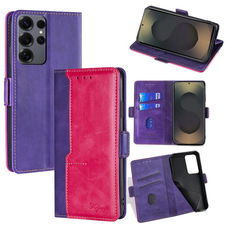 Funda de cuero con hebilla lateral en color de contraste para Samsung Galaxy S25 Ultra 5G (morado y rojo rosa)