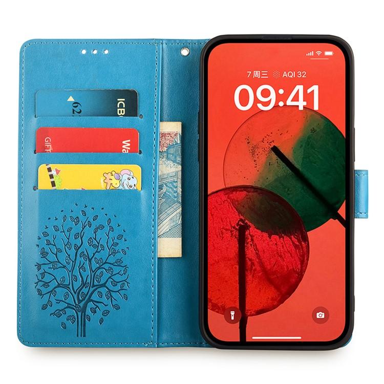 Funda de piel con relieve de árbol y ciervo para Samsung Galaxy S25 5G (azul)