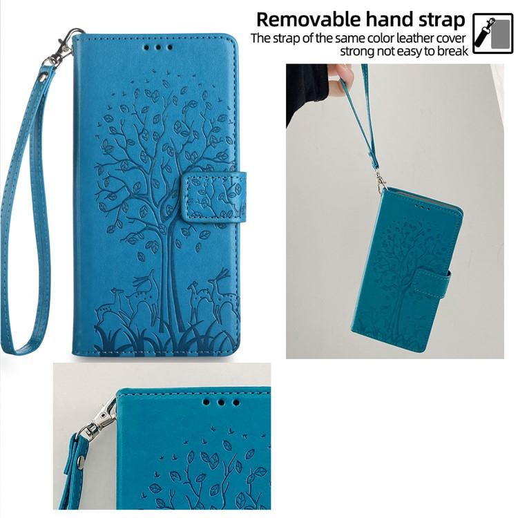 Funda de piel con relieve de árbol y ciervo para Samsung Galaxy S25 5G (azul)