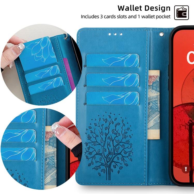 Funda de piel con relieve de árbol y ciervo para Samsung Galaxy S25 5G (azul)