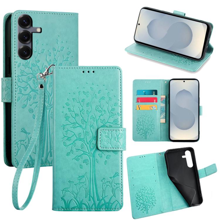 Funda de piel con relieve de árbol y ciervo para Samsung Galaxy S25 5G (verde)
