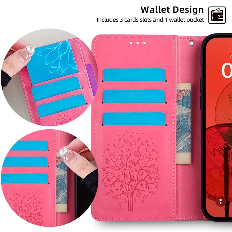 Funda de piel con relieve de árbol y ciervo para Samsung Galaxy S25 5G (rosa)