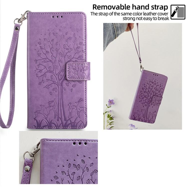 Funda de piel con relieve de árbol y ciervo para Samsung Galaxy S25 5G (morada)