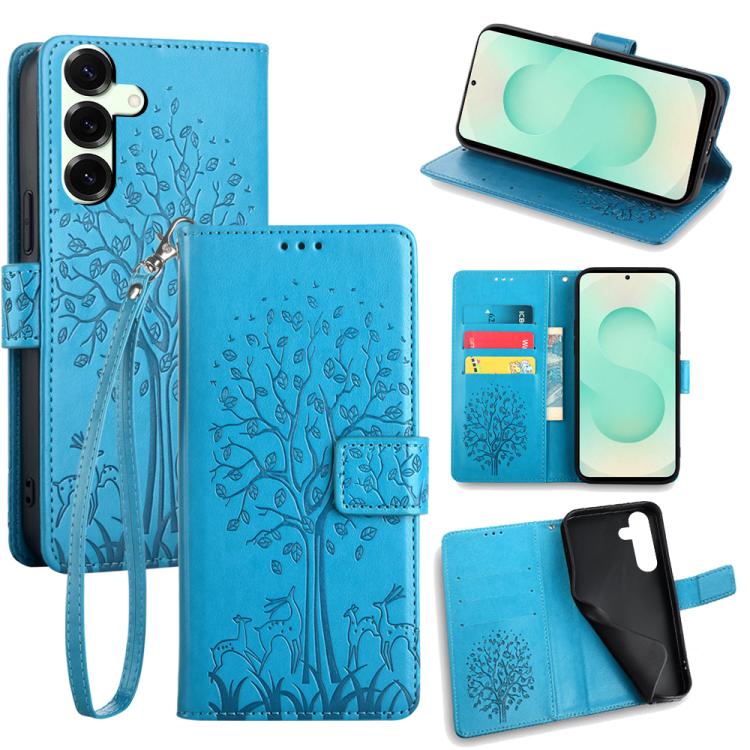 Funda de piel con relieve de árbol y ciervo para Samsung Galaxy S25+ 5G (azul)