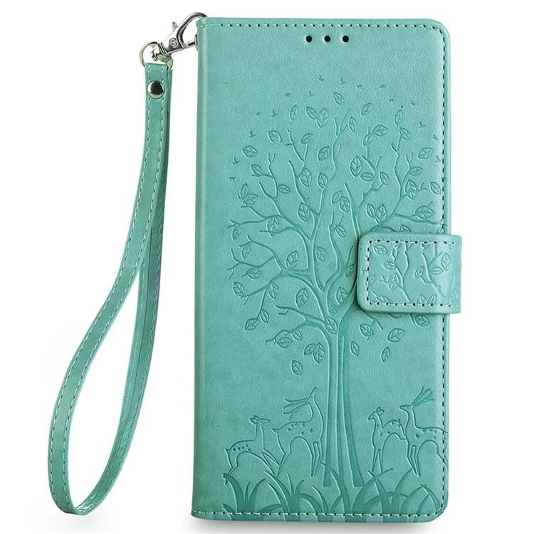 Funda de piel con relieve de árbol y ciervo para Samsung Galaxy S25+ 5G (verde)