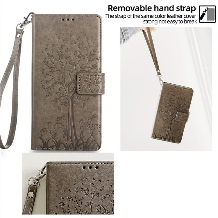 Funda de piel con relieve de árbol y ciervo para Samsung Galaxy S25+ 5G (gris)