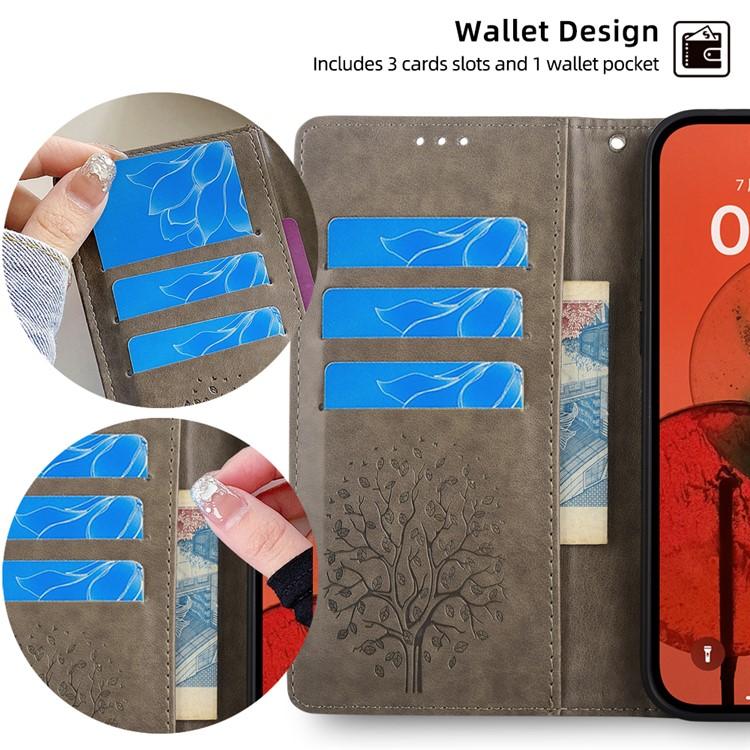 Funda de piel con relieve de árbol y ciervo para Samsung Galaxy S25+ 5G (gris)