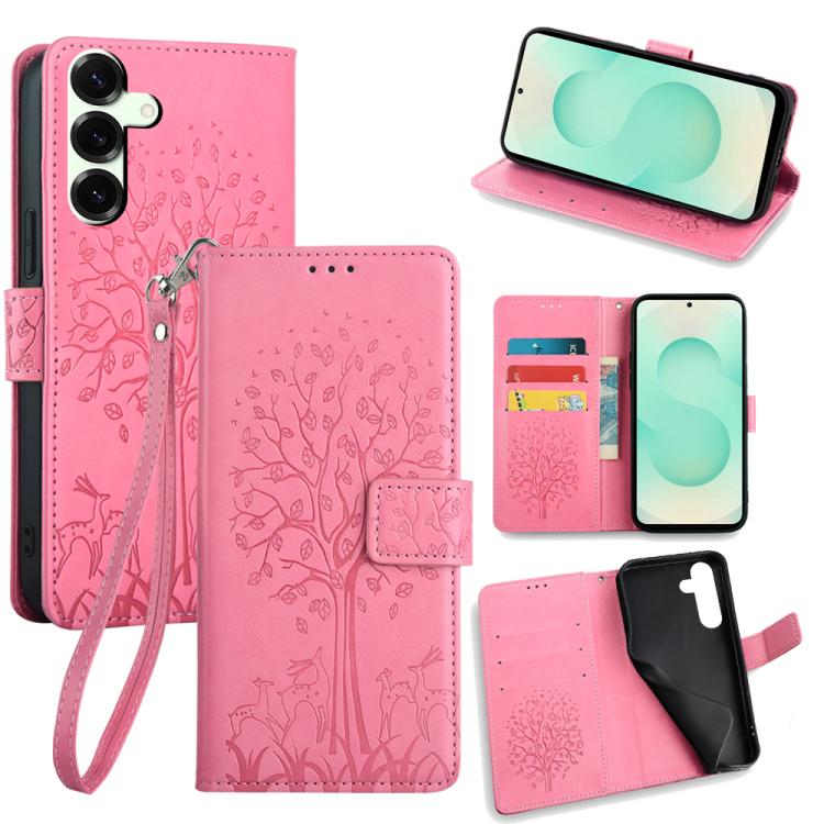 Funda de piel con relieve de árbol y ciervo para Samsung Galaxy S25+ 5G (rosa)