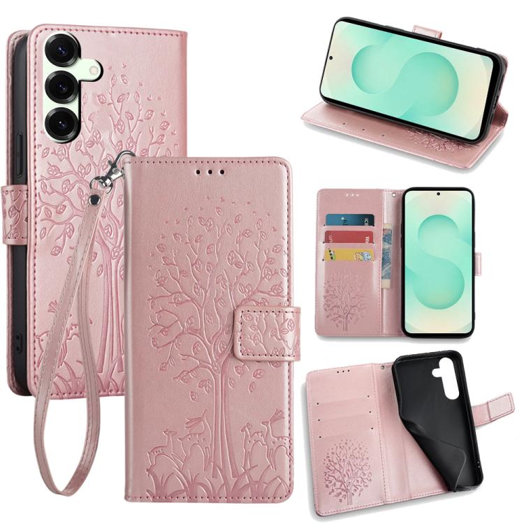 Funda de piel con relieve de árbol y ciervo para Samsung Galaxy S25+ 5G (oro rosa)