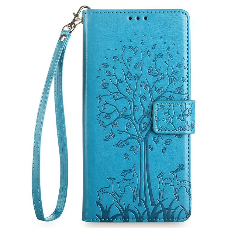 Funda de piel con relieve de árbol y ciervo para Samsung Galaxy S25 Ultra 5G (azul)