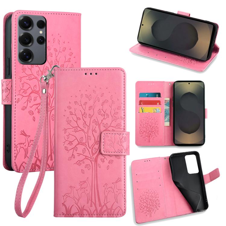 Funda de piel con relieve de árbol y ciervo para Samsung Galaxy S25 Ultra 5G (rosa)