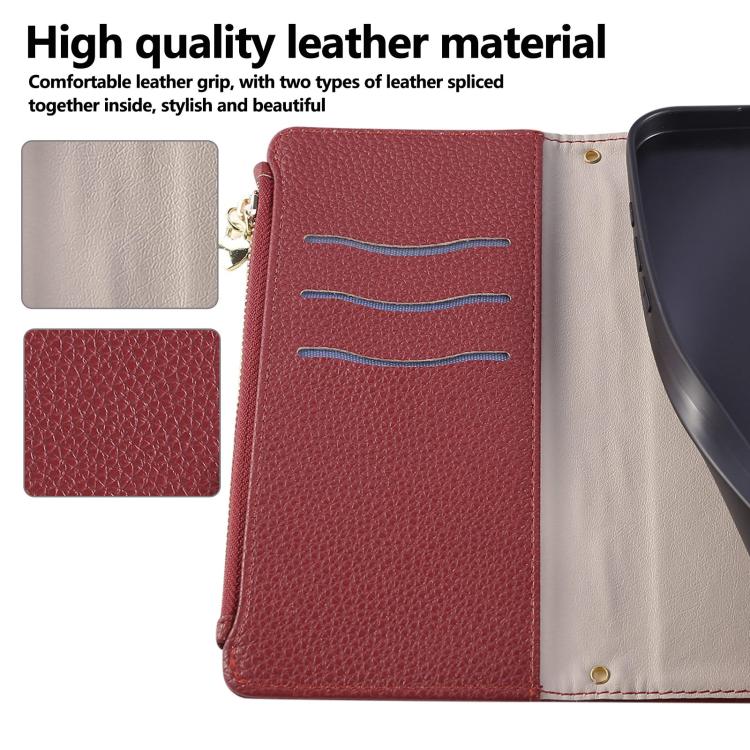 Funda de cuero con hebilla redonda y cremallera para Xiaomi Poco M7 Pro 5G, con correa cruzada (roja)