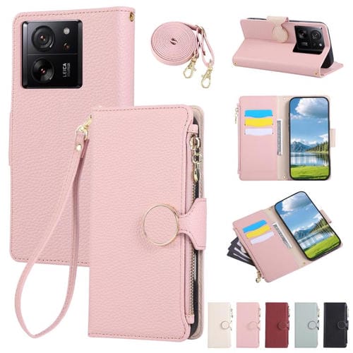 Funda de cuero con hebilla redonda y cremallera para Xiaomi 13T/13T Pro, con correa cruzada (rosa)