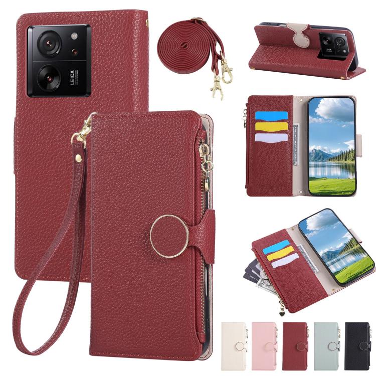 Funda de cuero tipo billetera con hebilla redonda y cremallera para Xiaomi 13T/13T Pro, con correa cruzada (roja)