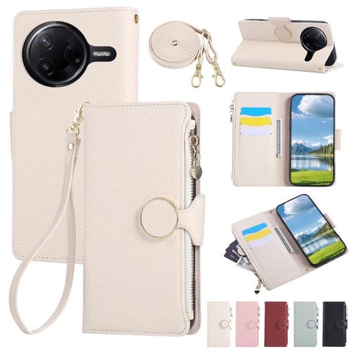 Funda de cuero con hebilla redonda y cremallera para Redmi K80/Poco F7 Pro, con correa cruzada (blanca)