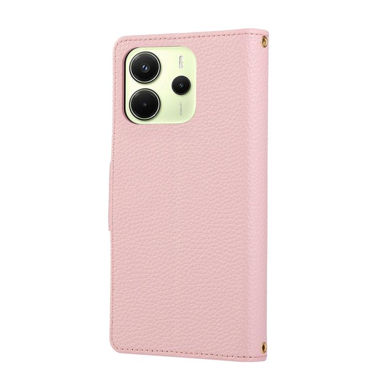 Funda de cuero tipo billetera con hebilla redonda y cremallera de 163,3 mm para Redmi Note 14 4G con correa cruzada (rosa)