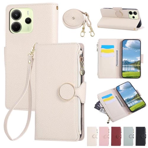 Funda de cuero tipo billetera con hebilla redonda y cremallera de 163,3 mm para Redmi Note 14 4G con correa cruzada (blanca)