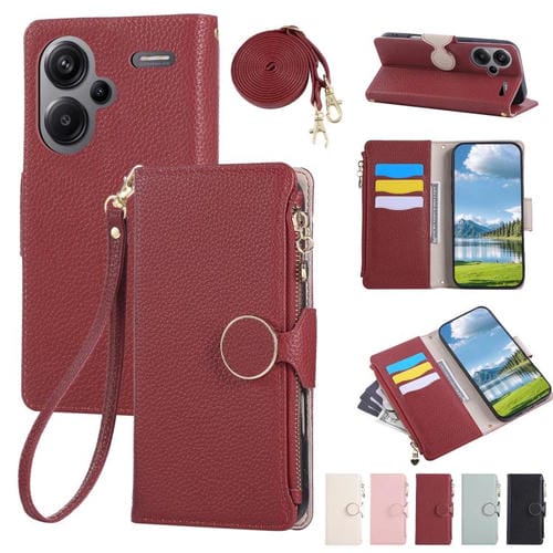 Funda de cuero con hebilla redonda y cremallera para Redmi Note 13 Pro+, con correa cruzada (roja)