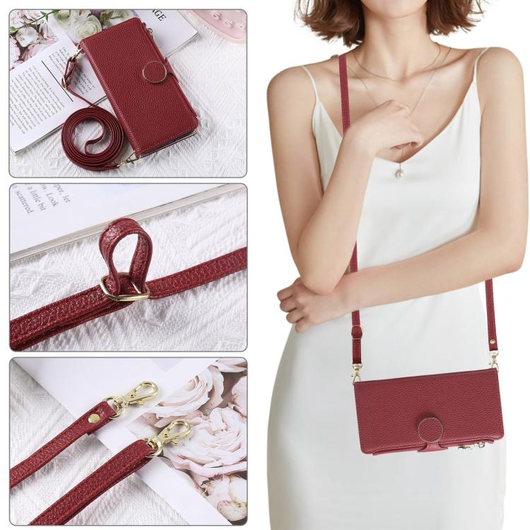 Funda de cuero con hebilla redonda y cremallera para Redmi Note 13 Pro+, con correa cruzada (roja)