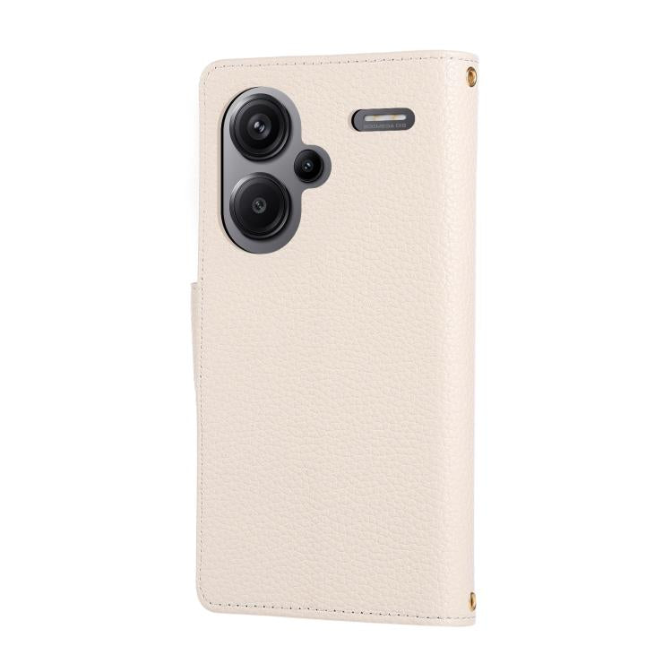 Funda de cuero tipo billetera con hebilla redonda y cremallera para Redmi Note 13 Pro+ con correa cruzada (blanca)