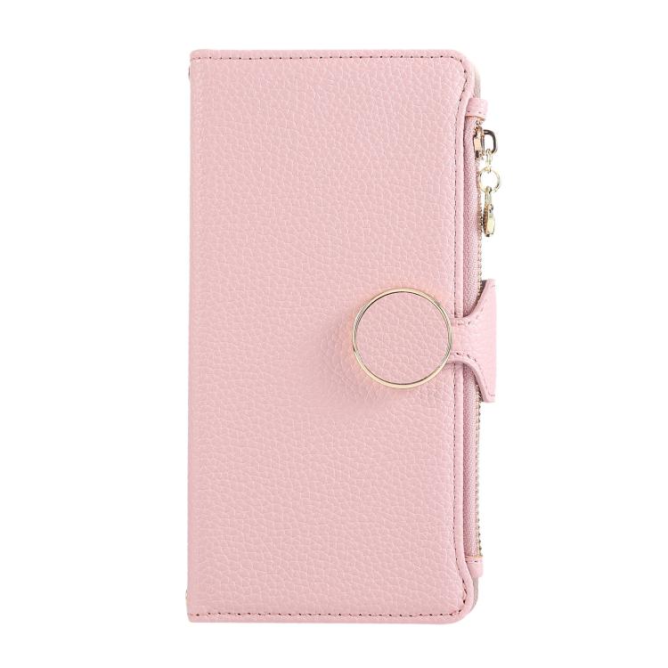 Funda de cuero con hebilla redonda y cremallera para Redmi Note 13 Pro 5G, con correa cruzada (rosa)