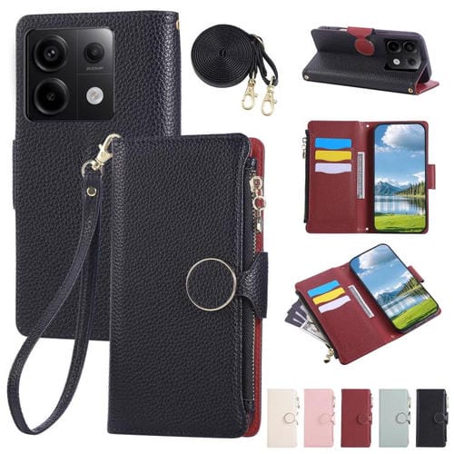 Funda de cuero con hebilla redonda y cremallera para Redmi Note 13 Pro 5G, con correa cruzada (negro)
