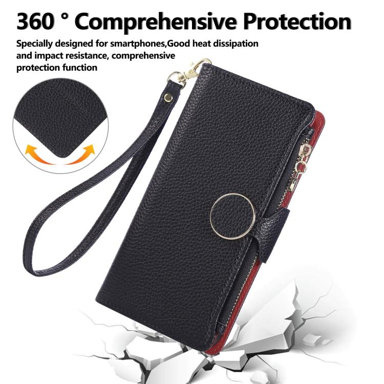 Funda de cuero con hebilla redonda y cremallera para Redmi 14C 5G, con correa cruzada (negro)