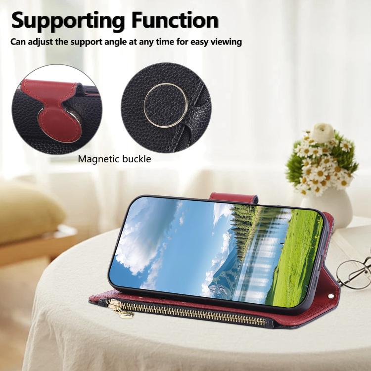 Funda de cuero con hebilla redonda y cremallera para Redmi 14C 5G, con correa cruzada (negro)