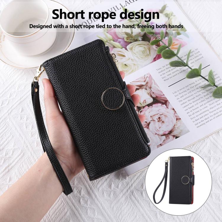 Funda de cuero con hebilla redonda y cremallera para Redmi 14C 5G, con correa cruzada (negro)