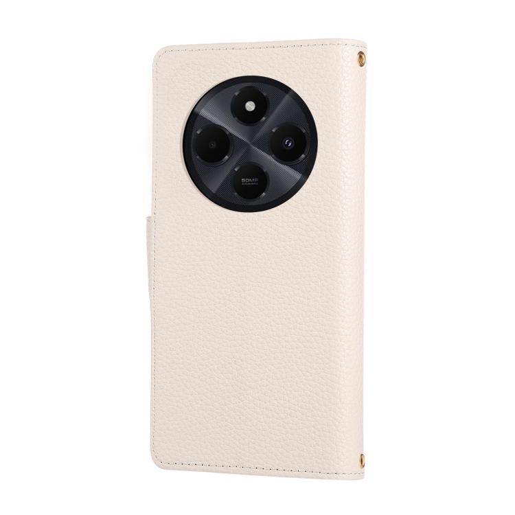 Funda de cuero con hebilla redonda y cremallera para Redmi 14C 5G, con correa cruzada (blanca)