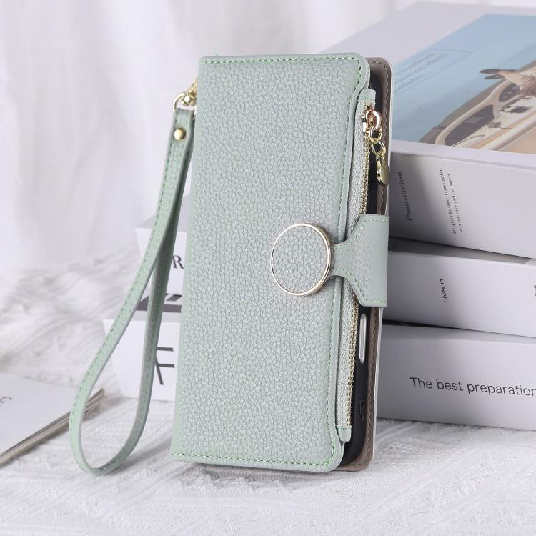 Funda de cuero tipo billetera con hebilla redonda y cremallera para Redmi 13C con correa cruzada (azul cielo)
