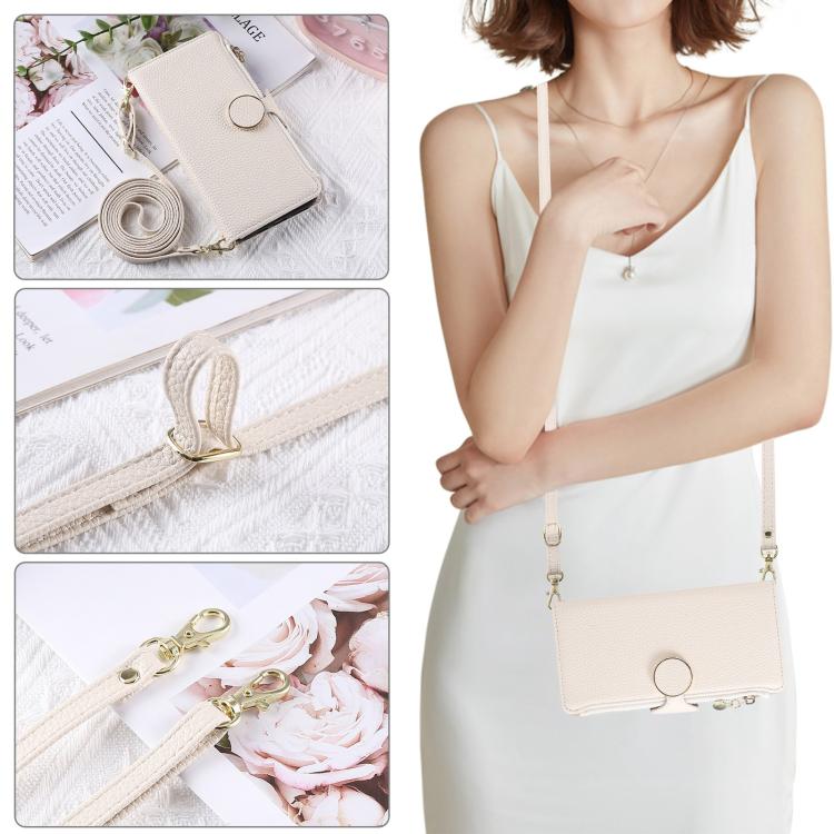 Funda de cuero tipo billetera con hebilla redonda y cremallera para Redmi 13C con correa cruzada (blanca)