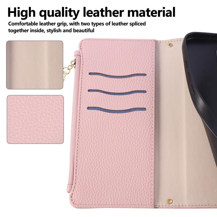 Funda de cuero con hebilla redonda y cremallera para Redmi Note 14 Pro 5G, con correa cruzada (rosa)