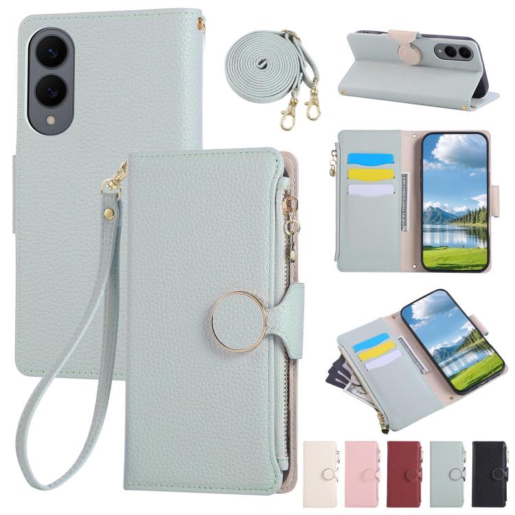 Funda de cuero tipo billetera con hebilla redonda y cremallera para Samsung Galaxy S25 Edge 5G con correa cruzada (azul cielo)