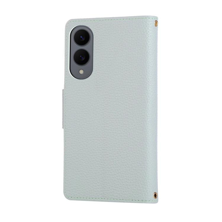 Funda de cuero tipo billetera con hebilla redonda y cremallera para Samsung Galaxy S25 Edge 5G con correa cruzada (azul cielo)