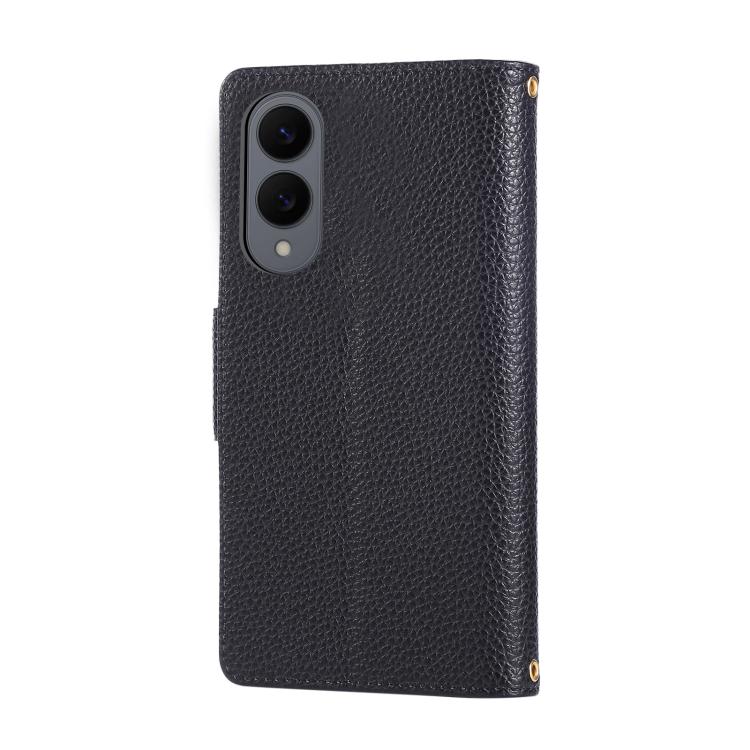 Funda de cuero tipo billetera con hebilla redonda y cremallera para Samsung Galaxy S25 Edge 5G con correa cruzada (negro)