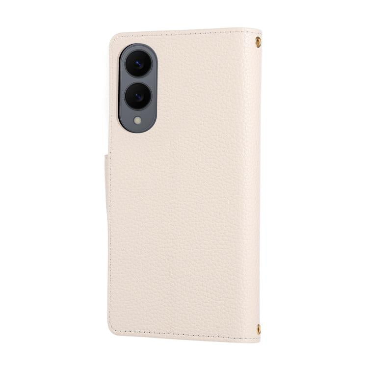 Funda de cuero tipo billetera con hebilla redonda y cremallera para Samsung Galaxy S25 Edge 5G con correa cruzada (blanca)