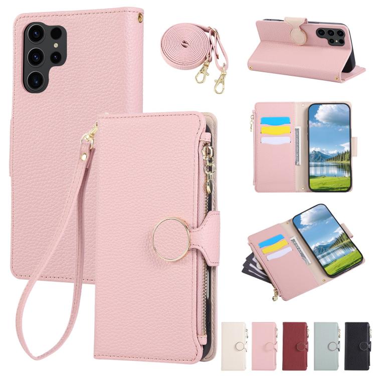 Funda de cuero tipo billetera con hebilla redonda y cremallera para Samsung Galaxy S23 Ultra 5G con correa cruzada (rosa)