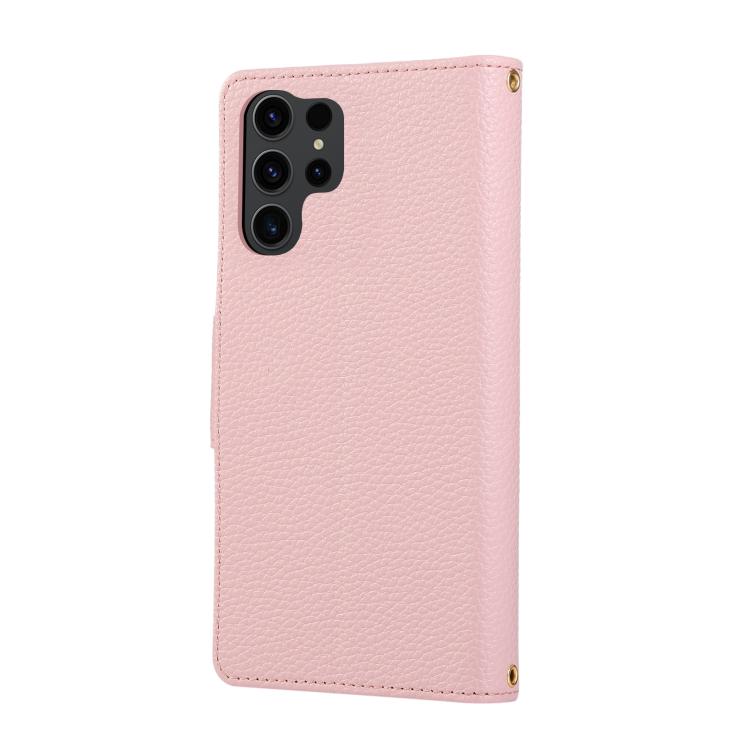 Funda de cuero tipo billetera con hebilla redonda y cremallera para Samsung Galaxy S23 Ultra 5G con correa cruzada (rosa)