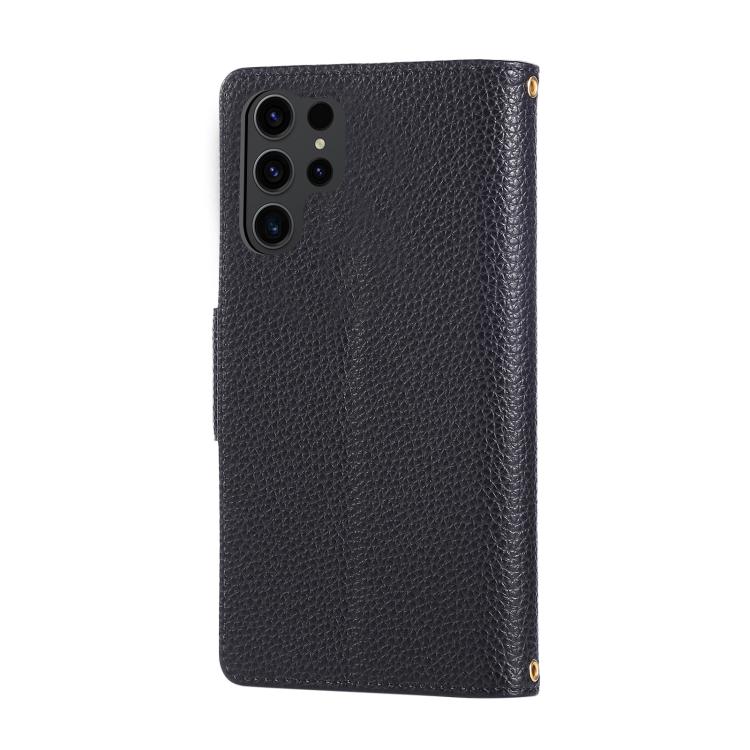 Funda de cuero tipo billetera con hebilla redonda y cremallera para Samsung Galaxy S23 Ultra 5G con correa cruzada (negro)