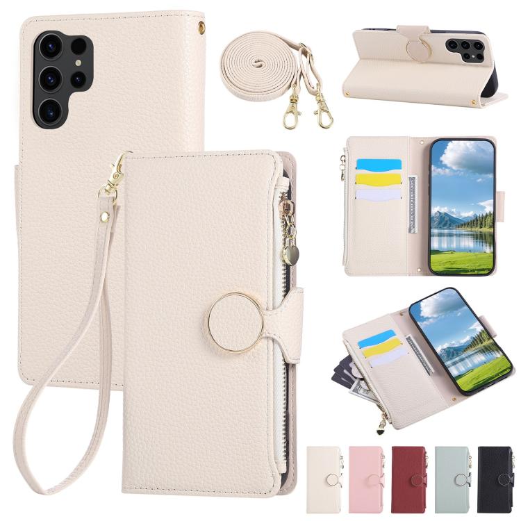 Funda de cuero tipo billetera con hebilla redonda y cremallera para Samsung Galaxy S23 Ultra 5G con correa cruzada (blanca)