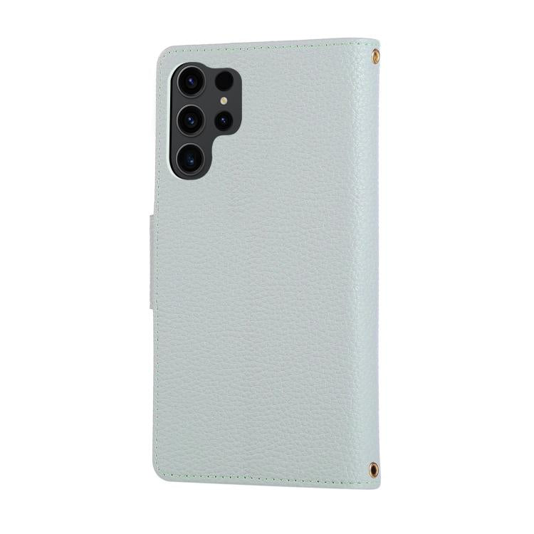 Funda de cuero tipo billetera con hebilla redonda y cremallera para Samsung Galaxy S24 Ultra 5G con correa cruzada (azul cielo)