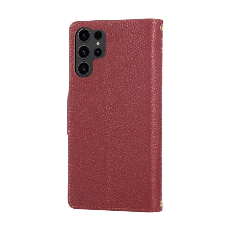 Funda de cuero tipo billetera con hebilla redonda y cremallera para Samsung Galaxy S25 Ultra 5G con correa cruzada (roja)