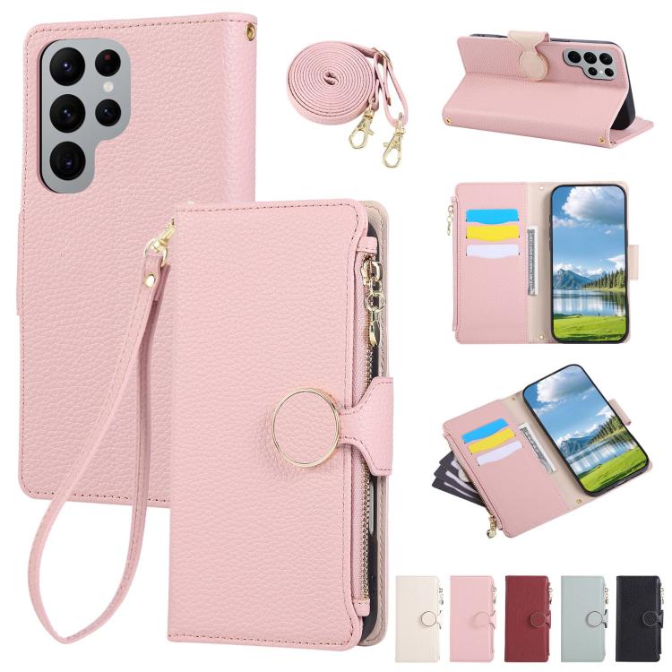 Funda de cuero con hebilla redonda y cremallera para Samsung Galaxy S22 Ultra 5G, con correa cruzada (rosa)